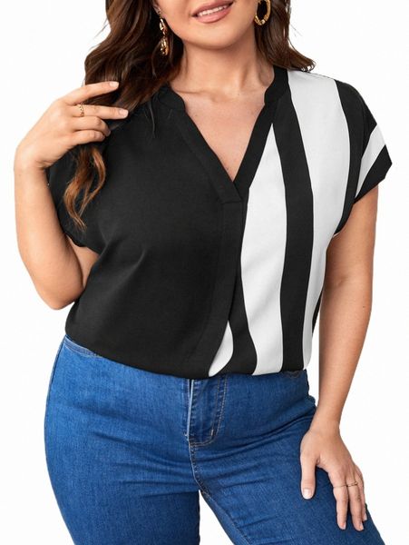 

plus striped notched neck blouse f3cg#, Black