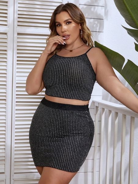 

plus glitter cami & bodycon skirt v6r8#, Black