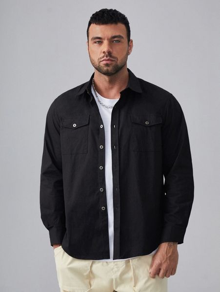 

extended sizes men flap pocket solid coat q0b7#, Black;brown