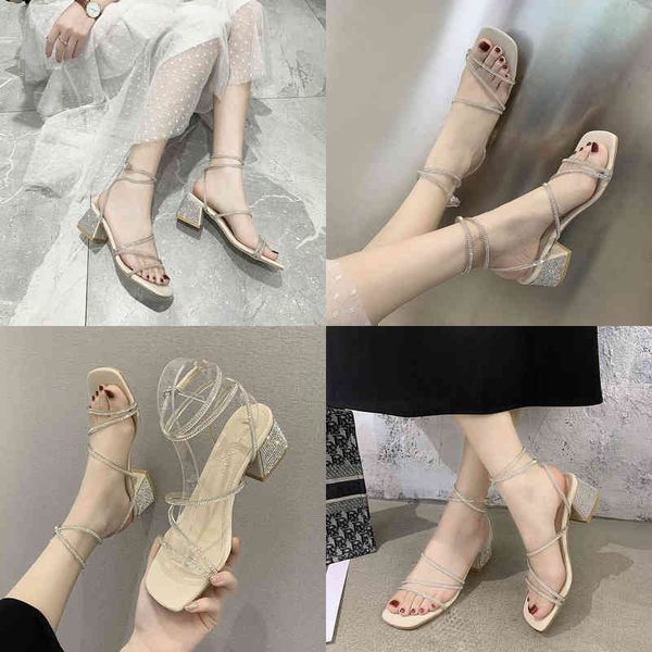 

sandals 55cm 2022 summer new korean version round head thick highheeled rhinestone fashion buckle wedding shoes women s 220427, Black