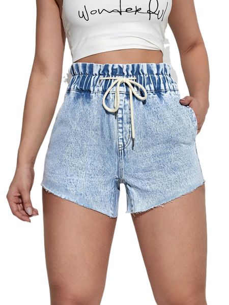 

drawstring waist denim shorts j80a#, White;black
