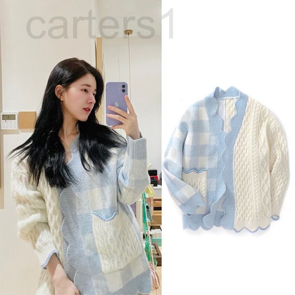 

women's sweaters designer autumn and winter 2021 new zhao ruth's same plaid blue white wave neck cardigan knit mix match design st, White;black