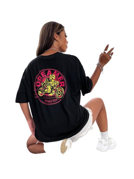 

drop shoulder skeleton and moto print tee 07uq#, White