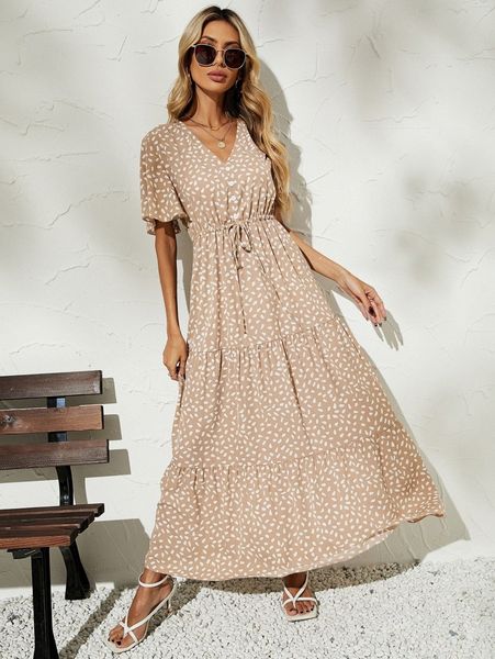 

allover print tie waist ruffle hem dress x050#, Black;gray