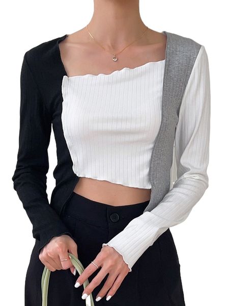 

dazy color block asymmetrical neck rib-knit tee x1mh#, White