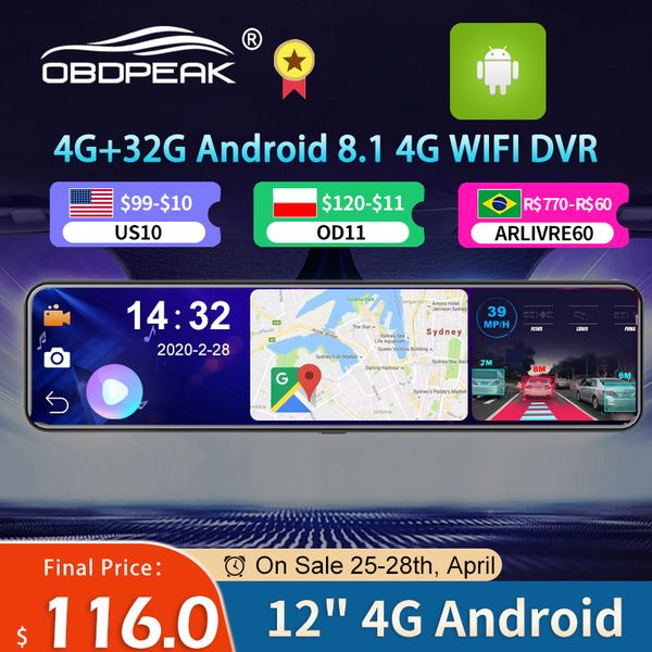 

obepeak d91 12&quot car dvr rearview mirror 4g android 8.1 dash cam gps navigation adas full hd 1080p car video camera recorder dvrs