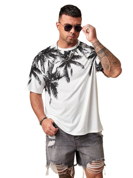 

extended sizes men palm tree print tee b93m#, White;black