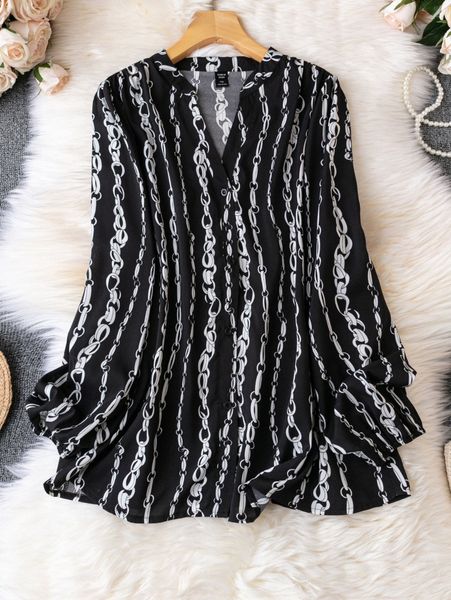 

plus chain print button front blouse l6we#, Black
