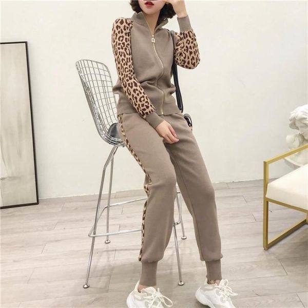 

women tracksuits spring knitted two piece sets slim zipper cardigans jacket long pants suits woman leopard sportsuits y200110, White