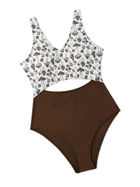 

plus mushroom print cut-out one piece swimsuit t1w7#, White;black