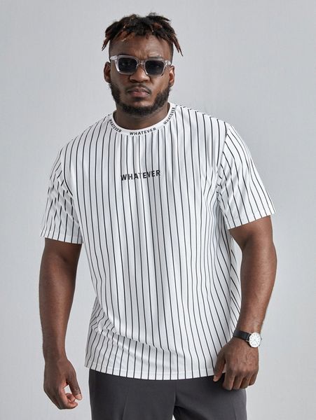 

extended sizes men pinstriped & letter graphic tee s4rv#, White;black
