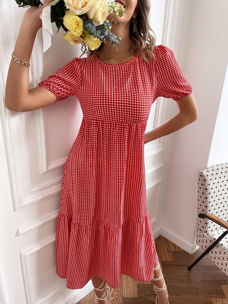 

plaid print ruffle hem puff sleeve dress x90a#, Black;gray