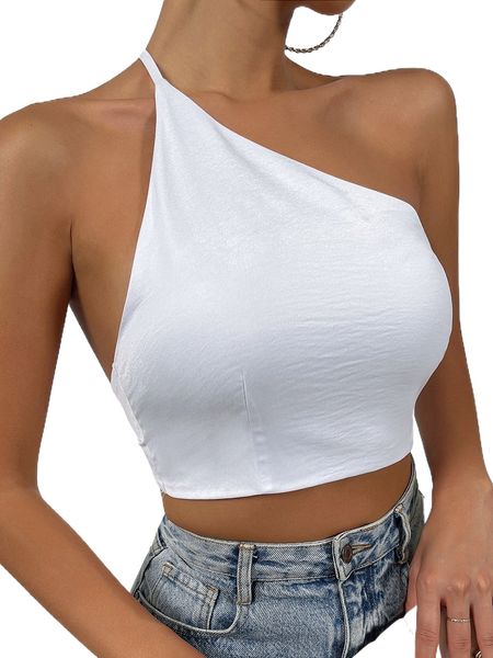 

solid one shoulder tie backless crop e0xj#, White