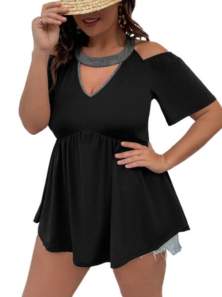 

plus cut out ruffle hem l9ce#, Black