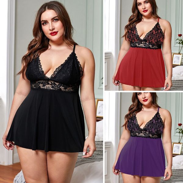 

5xl women underwear stitching nightdress feminine sling lace perspective lingerie sleepwear lace dress pajamas suspender skirt, Black;white
