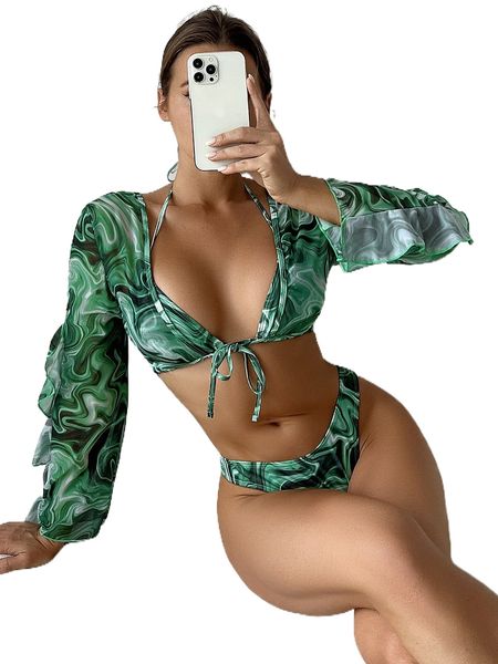

allover print halter triangle bikini swimsuit with kimono g8pg#, White;black