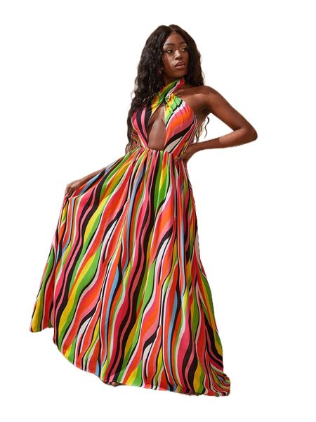 

sxy allover print cutout tied backless dress r6es#, Black;gray