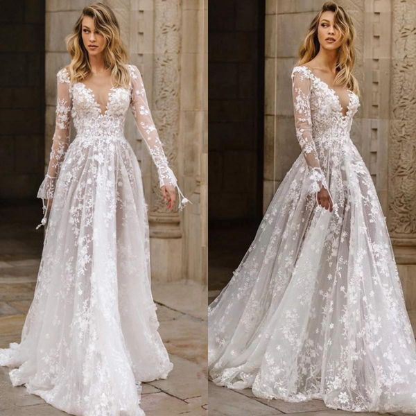 Boho manches longues dos nu robe de mariée col en V dentelle Appliqued floral plage pays robes de mariée robes de mariée Vestido de Noiva