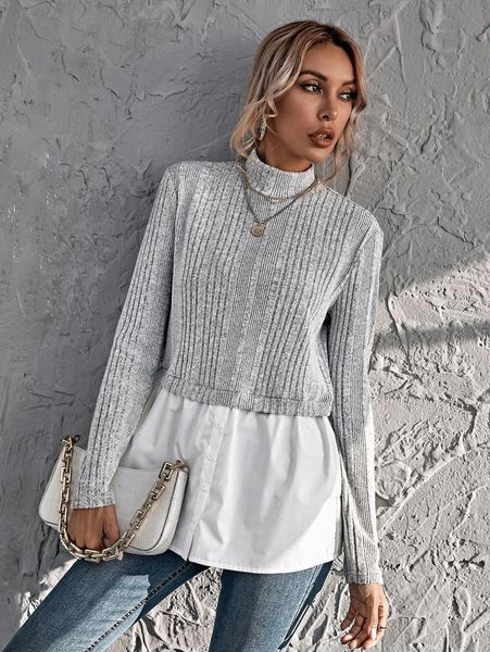 

mock neck colorblock 2 in 1 tee p9d0#, White