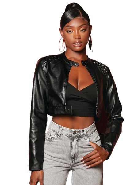 

solid button front crop pu jacket c4jl#, Black;brown