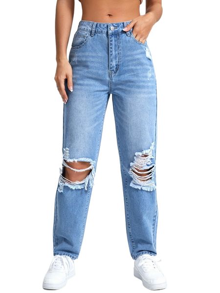 

blues ripped moustache effect mom fit jeans h9ah#, Blue