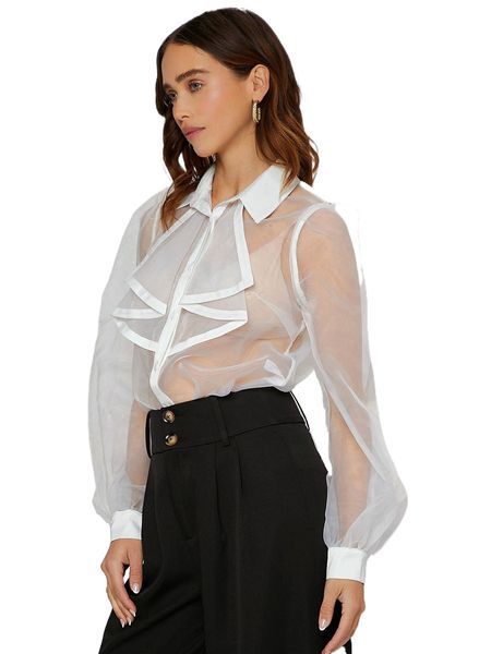 

see through puff sleeve organza blouse without bra a3nx#, White