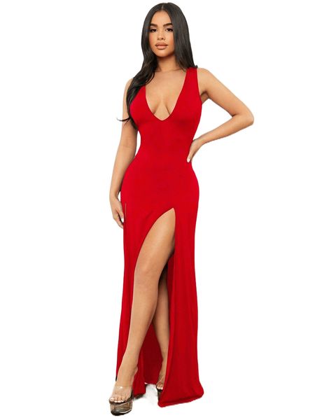 

sxy solid split thigh plunging neck bodycon dress q7qs#, Black;gray