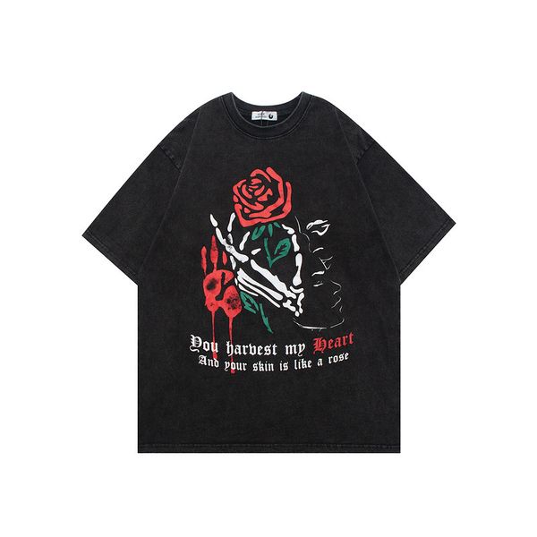 

22fw t shirt washed men women hip hop rose print tee oversize vintage short sleeve, White;black