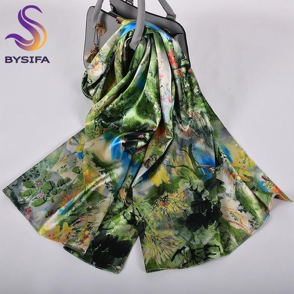 

bysifa green blue ladies satin long silk scarf shawl fashion brand scarves printed spring fall female head 160 70cm, Blue;gray