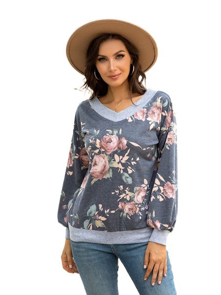 

dearcase floral print contrast trim drop shoulder pullover v5q6#, Black