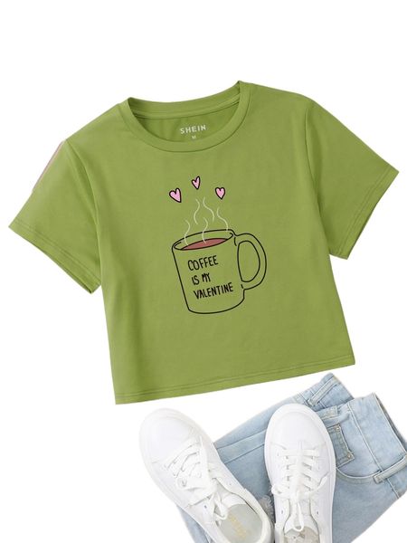 

slogan & cup print crop tee g1n2#, White