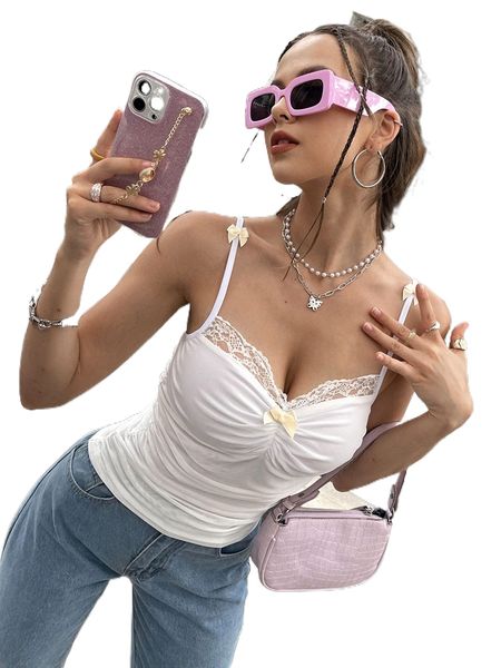 

lace trim bow detail ruched cami b8ev#, White