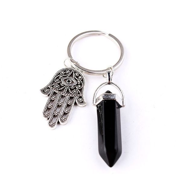 

natural hexagonal column stone keychain women pink quartz opal crystal key chain with evil eye fatima jewelry party friends gift, Silver