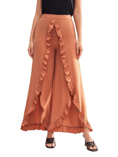 

emery rose ruffle trim wide leg pants 23pg#, Black;white