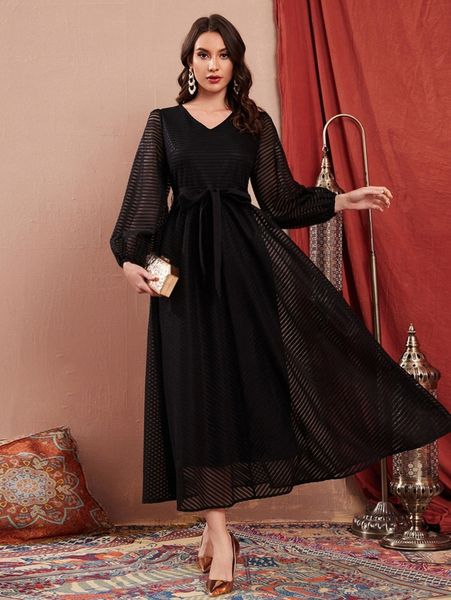 

lantern sleeve belted mesh dress a1en#, Black;gray