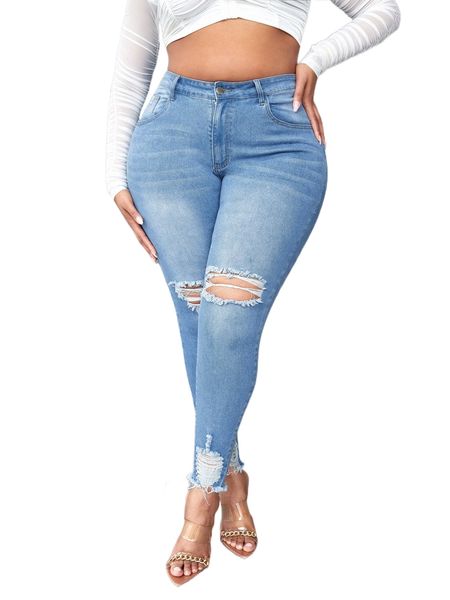 

plus high waist ripped raw hem skinny jeans r9bd#, Blue