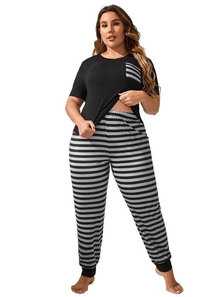 

plus striped patched pocket pj set q8sl#, Black;white