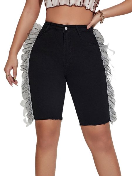 

contrast mesh raw trim skinny denim shorts a02g#, White;black