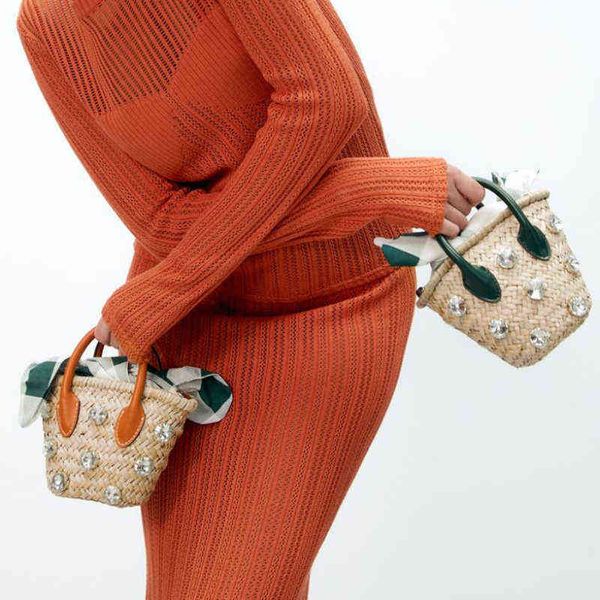 

evening bag summer new diamond studded shoulder mini woven beach straw bag portable fashion all-competition women handbag pearl designer 202