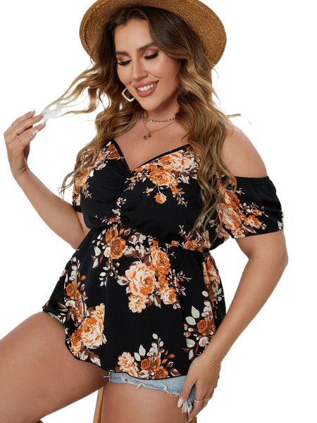

plus floral print cold shoulder peplum blouse i1we#, Black