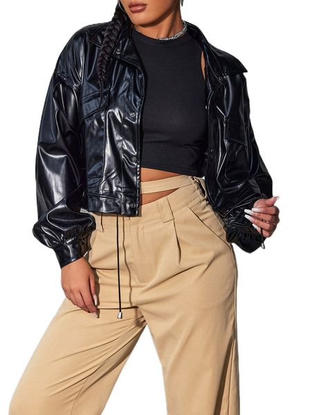 

sxy drop shoulder drawstring pu leather jacket c0lf#, Black;brown