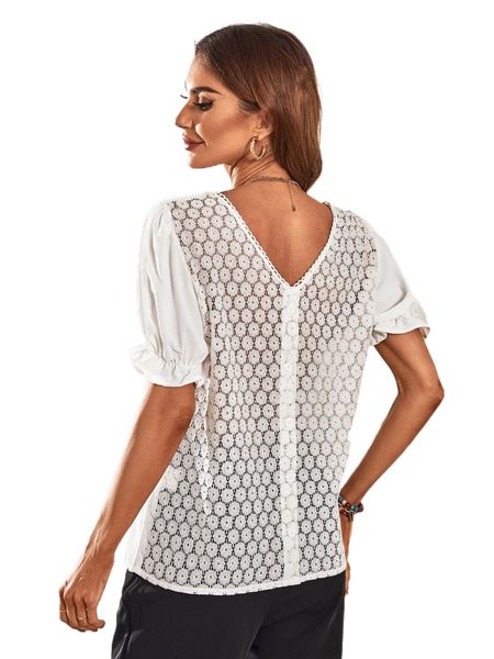 

guipure lace insert puff sleeve blouse b3om#, White