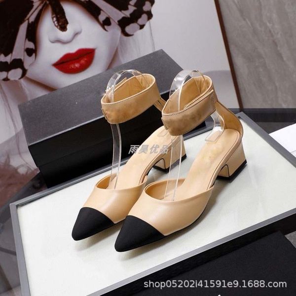 

sandals spring and summer versatile color matching middle heel letter ring french thick baotou pointed sandals for women, Black