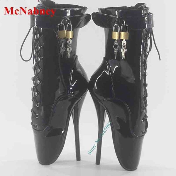 Wonderheel Ballet Knöchel Schnürstiefel dünne High Heel Black Shiny Ballet Schuhe verschlossene Vorhängeschloss Rücken Reißverschluss Sexy Frauen Tänzerin Schuh 220514