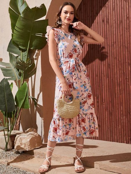 

floral print ruffle hem belted dress x9ie#, Black;gray