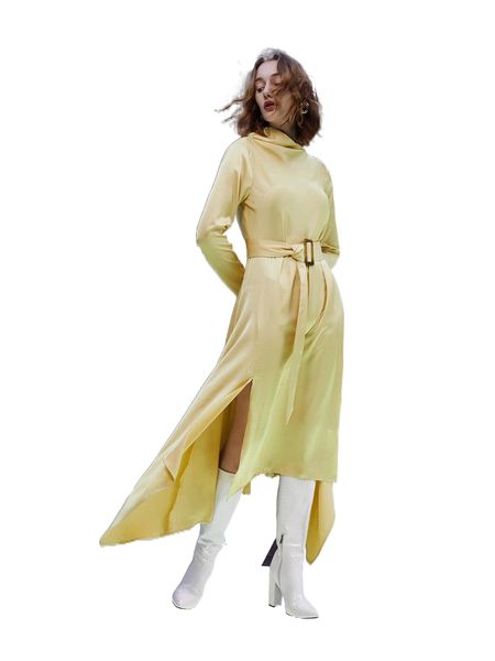 

draped collar asymmetrical split hem dress without belt a18w#, Black;gray