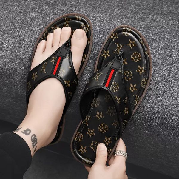 

luxury designer slipper summer fashion flowers floral brocade rubber wide flat slide mens beach causal sandals flip flops qkw, Black