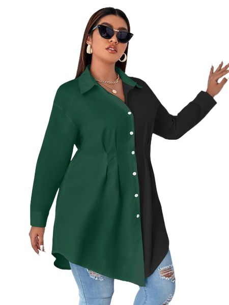 

plus two tone plicated waist longline blouse x7lk#, Black