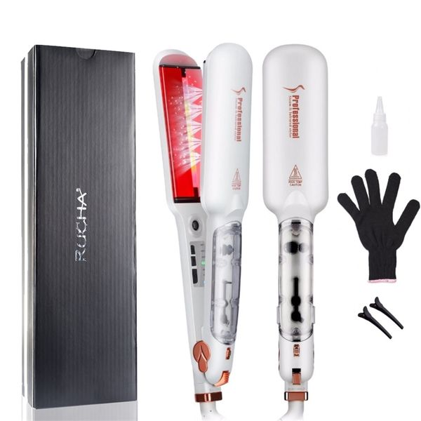 

rucha infrared steam hair straightener dual voltage 2 inches wide plate hair salon steam styler ceramic tourmaline flat iron 220602, Black
