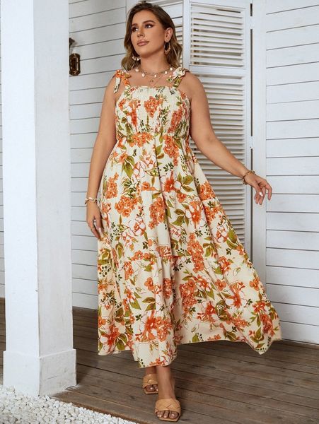 

plus floral print shirred detail tie shoulder dress 06d6#, Black